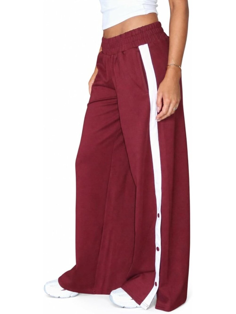 Lightweight Wide Leg Pants with Elastic Waist, Side Pockets & Button Detail